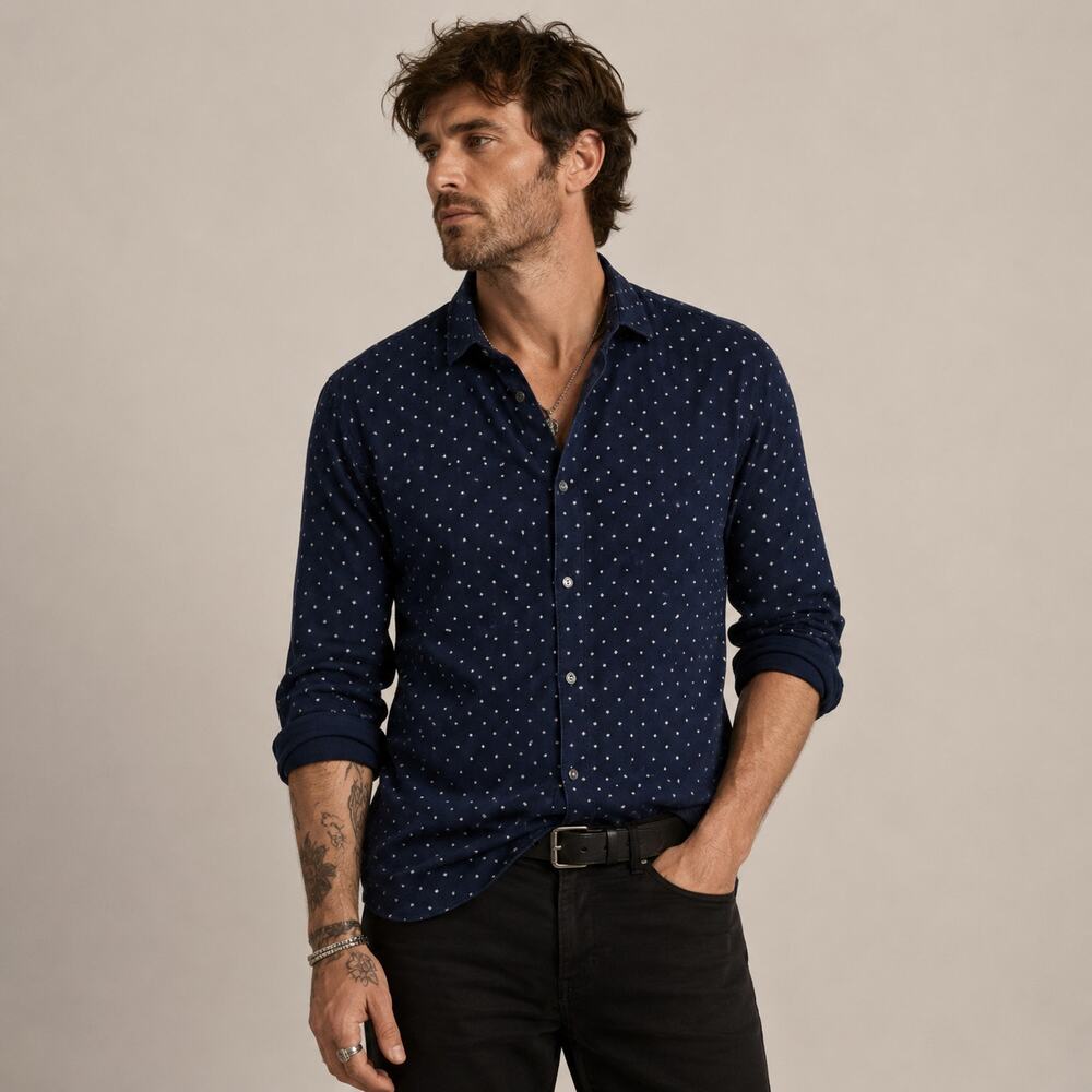 John Varvatos Men's Corduroy Button up shirt Navy Star all over print 2XL